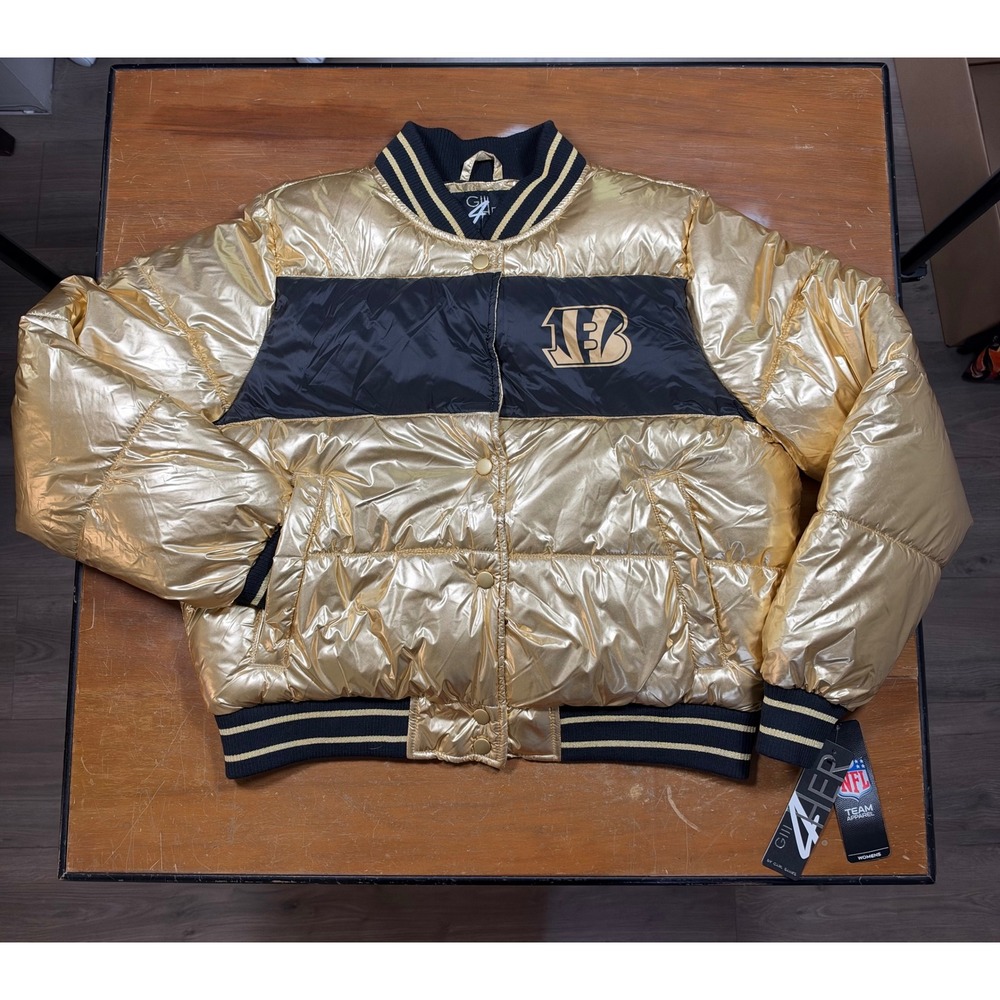NWT GIII 4Her Cincinnati Bengals Puffer Jacket Women's M Gold NFL Metallic